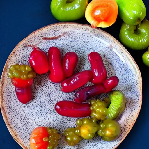 Prompt: Alien fruits on a plate, photo