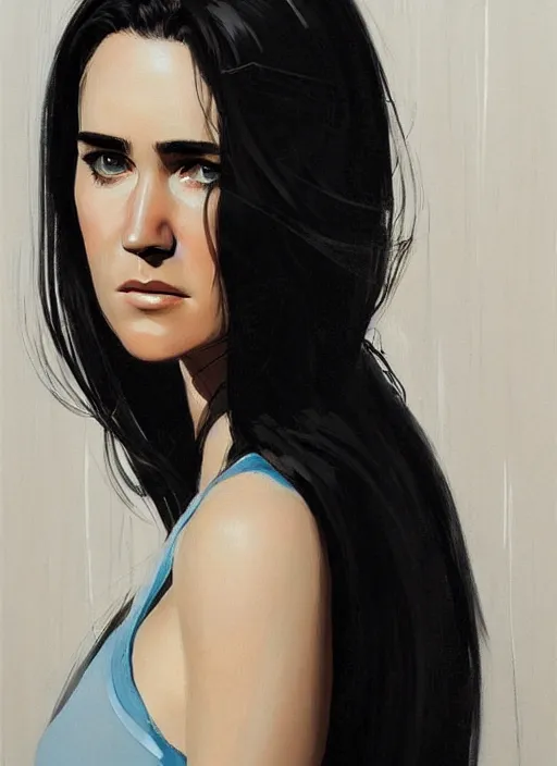 Prompt: detailed artwork by phil noto ; young jennifer connelly ; brush texture ; asymmetric composition ; trending on artstation ; gallery painting by phil noto, by phil noto.