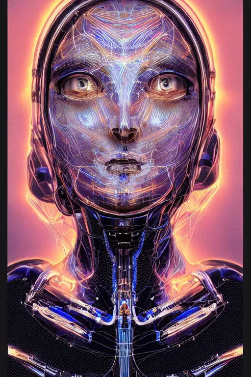 Image similar to organic cyborg head wrapped in silk by Hajime Sorayama and Jamie Coreth, trending on artstation, centered, symmetrical, electric hair, bilateral symmetry, 80s poster, polished, thick smoke, retro dark vintage sci-fi, 2D matte illustration