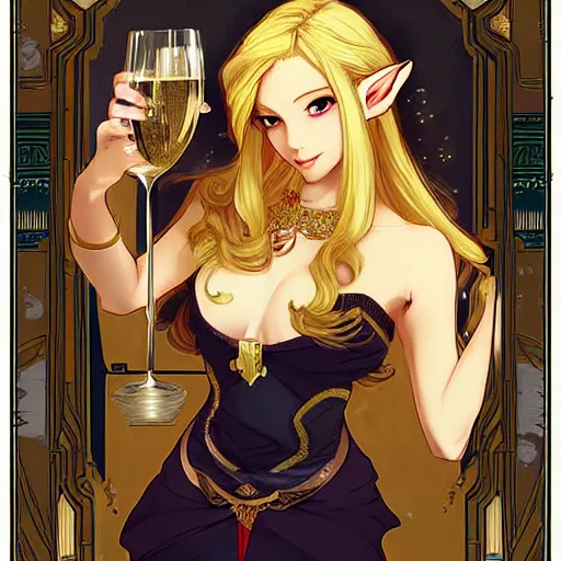 Prompt: blonde zelda with champagne. art by mucha and wlop