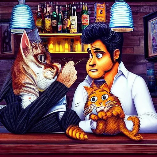 Prompt: “Garfield and Elvis sitting at the bar, realistic, hiperrealist, photorealist, intricate, sharp focus, cinematic lights, Artstation HQ, Deviantart trending, 4K UHD, masterpiece”