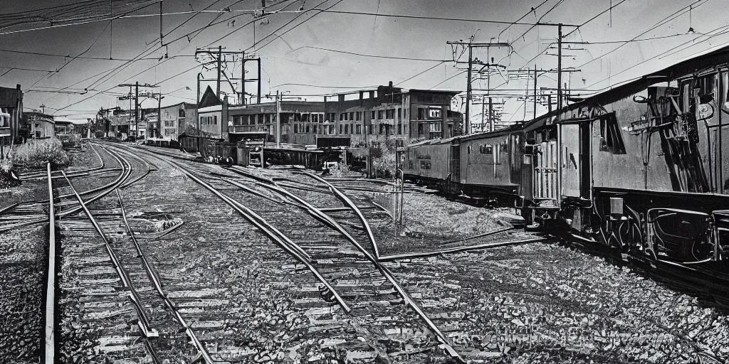 Image similar to detailed sharp photograph in the style of popular science circa 1 9 5 5 and gregory crewdson of a 1 9 5 0 s railroad crossing cars waiting as black steam locomotive crossing