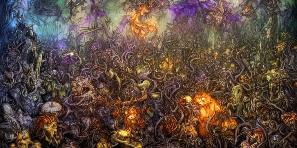 Prompt: ultra-wide view of the most awesome monster party by brian froud and arthur rackham, devils, demons, multiverse, ghosts, witches, pumpkins, dripping, hyper-realistic, bright and colorful, octane render, 8k, extremely detailed, iridescent, photorealistic, horror, gritty, zbrush art, extreme details, cinematic