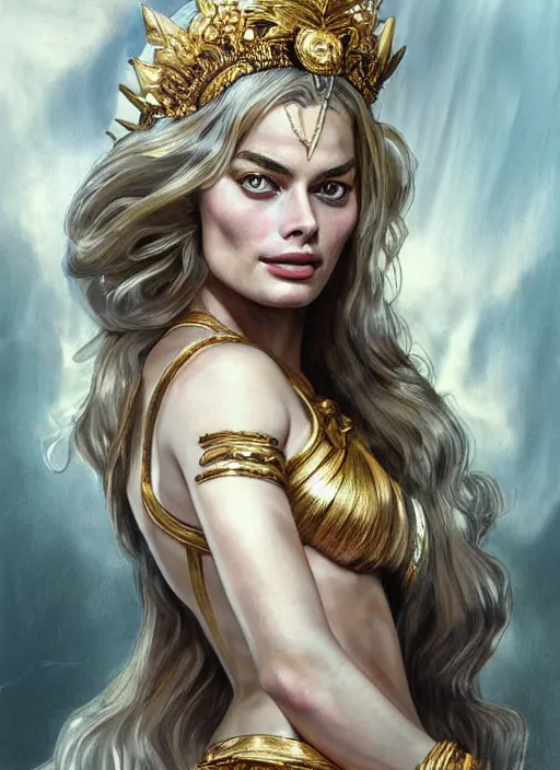 Prompt: Margot Robbie as a Greek Goddess, beautiful detailed eyes, cute, fantasy, intricate, elegant, highly detailed, digital painting, 4k, HDR, concept art, detailed jewelry, smooth, sharp focus, illustration, art by Artgerm, H R Giger and Alphonse Mucha