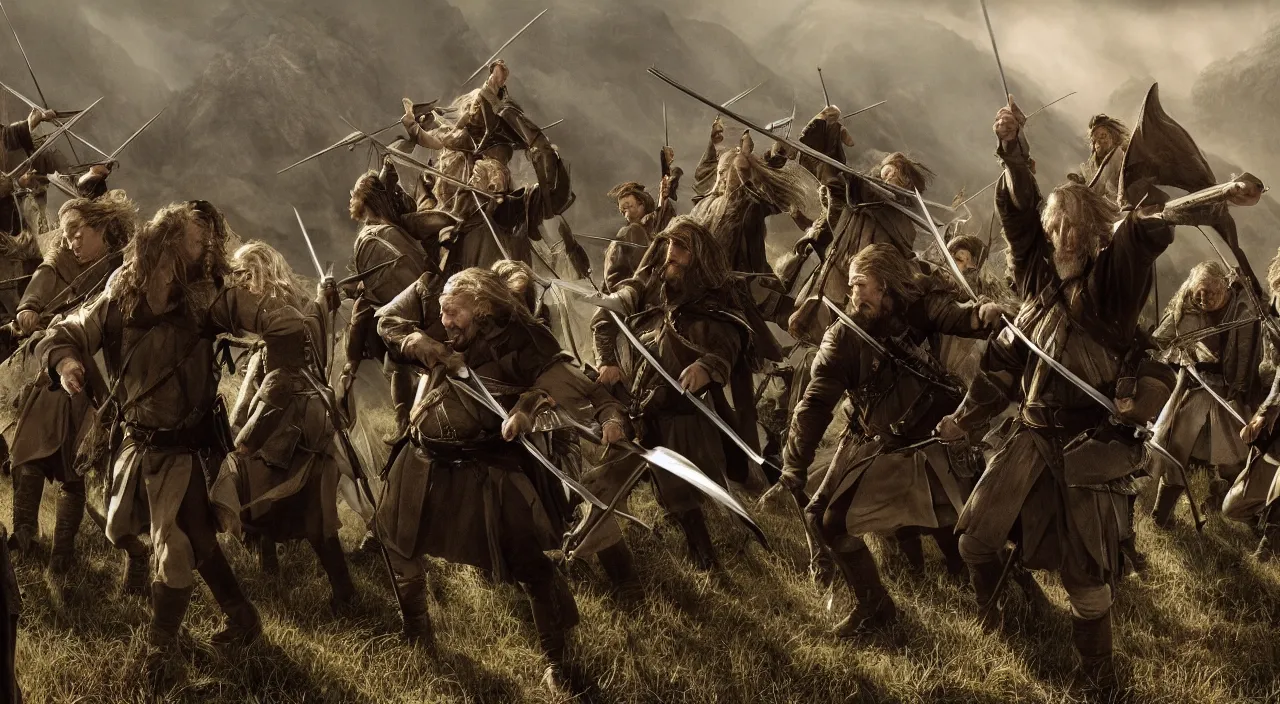 Image similar to the fellowship of the ring fighting with guns and rifles, lord of the rings aesthetic, in style of alan lee, cinematic, cinematic lighting, octane render, highly detailed