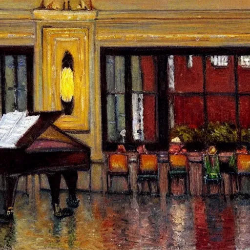 Image similar to A pianist playing piano on a rainy day in a coffee shop. There is a decent amount of people watching and enjoying the music, Impressionism art