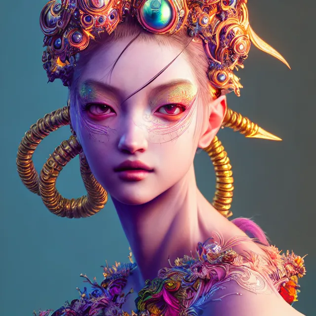 Image similar to studio portrait of colorful female divine mech dancer as absurdly beautiful, elegant, young sensual gravure idol, ultrafine hyperrealistic detailed face illustration by kim jung gi, irakli nadar, intricate linework, sharp focus, bright colors, matte, octopath traveler, final fantasy, unreal engine highly rendered, global illumination, radiant light, intricate environment