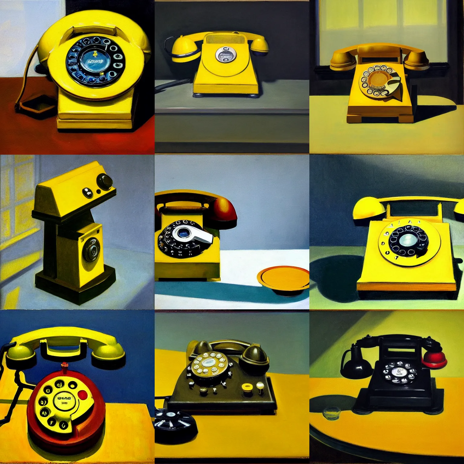 Prompt: Edward hopper painting of a yellow rotary phone, dark colours, dark background, a lot of shadows