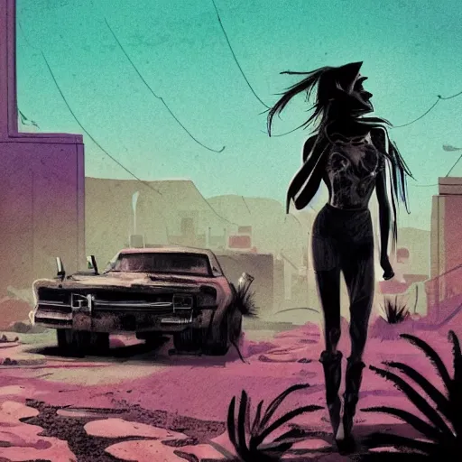 Prompt: a colorful comic noir illustration of a mad max woman in a post-apocalyptic city decaying in the desert, dark vibes, pastel lighting, cinematic, depth of field, 8k, high contrast