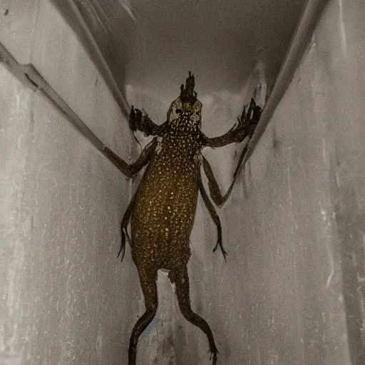 Prompt: grainy photo of a mudskipper as a creepy monster in a closet, harsh flash