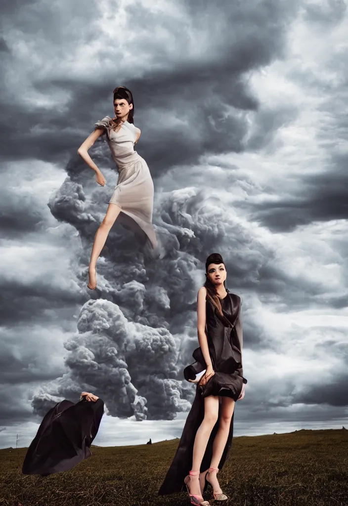 Image similar to fashion editorial in front of a tornado cloud.