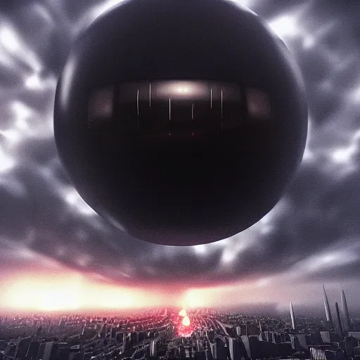 Prompt: a massive black sphere void in the center of the sky surrounded by swirling firestorm clouds, a cityscape modern, wide perspective, highly detailed digital art, cinematic, dark moody colors, hyper realism, oil on canvas, trending on Artstation, octane render