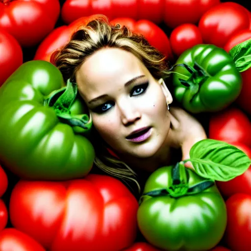 Image similar to jennifer lawrence inside a tomato, dslr 5 0 mm