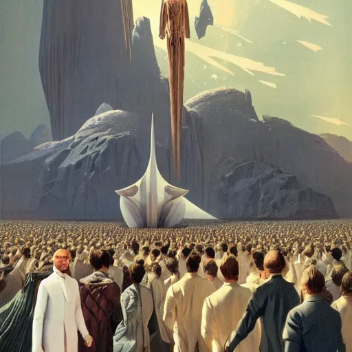 Prompt: portrait of a regal prince in futuristic white clothes, high collar, sharp cheekbones, hopeful expression, surrounded by a crowd of furious people, matte painting, digital art, chesley bonestell