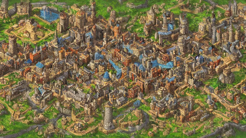 Prompt: huge isometric medieval fantasy map of a massive port city castle, vivid colors, fantasy landscape, trending on artstation, concept art, dnd, D&D, Warhammer, world of warcraft, video game, game assets, rpg, MMORPG, square Enix, Nintendo