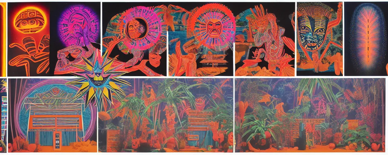 Image similar to 1978 cut out collage, theater stage, neon aztec, dusk on Jupiter, epic kabuki, tropical fish, ancient plants, film noir, in part by Alex Grey, part by Hale Woodruff