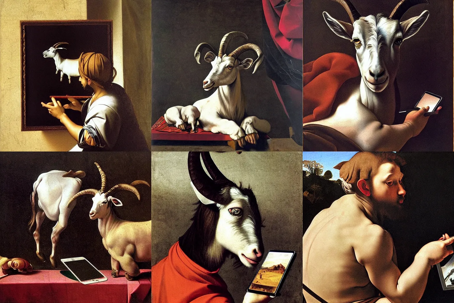 Image similar to A extremely highly detailed majestic hi-res beautiful, highly detailed painting of a goat taking a picture with an Ipad by Michelangelo Merisi da Caravaggio,