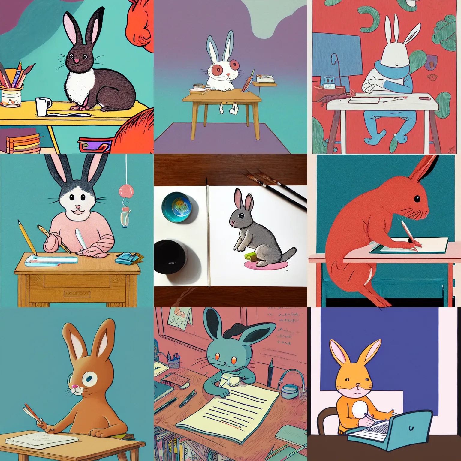 Prompt: a gouache painting of a cute happy cartoon rabbit sitting at a desk writing on a paper, llustration, josan gonzales, wlop, james jean, Victo ngai, David Rubín, Mike Mignola, Hergé, Joost Swarte, Moebius, Laurie Greasley, artgerm, highly detailed, sharp focus, Trending on Artstation, HQ, deviantart