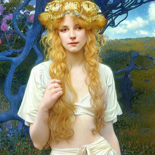 Image similar to A young woman with blonde long hair and bangs in shorts and white shirt drawn by Donato Giancola and Michael Parkes, frank frazetta, alphonse mucha, background by James Jean and gustav klimt, 4k, volumetric lighting, french nouveau, trending on artstation, octane render, hyperrealistic