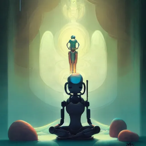 Prompt: a beautiful illustration of a humanoid robot meditating by pete mohrbacher and guweiz and josan gonzalez and and moebius and enki bilal and jean claude meziere, graphic novel