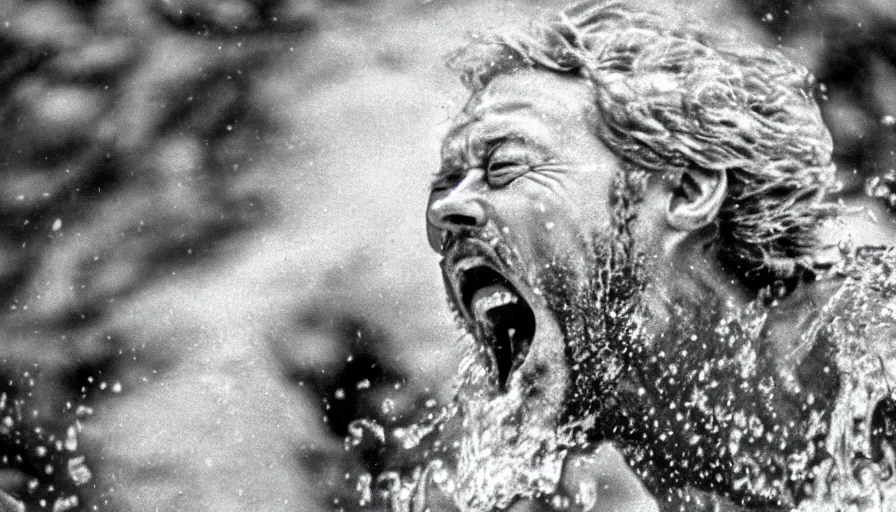 Image similar to 1 9 6 0 s movie still close up of marcus aurelius screaming frozen to death in a river with gravel, pine forests, cinestill 8 0 0 t 3 5 mm b & w, high quality, heavy grain, high detail, texture, dramatic light, anamorphic, hyperrealistic, detailed hair foggy