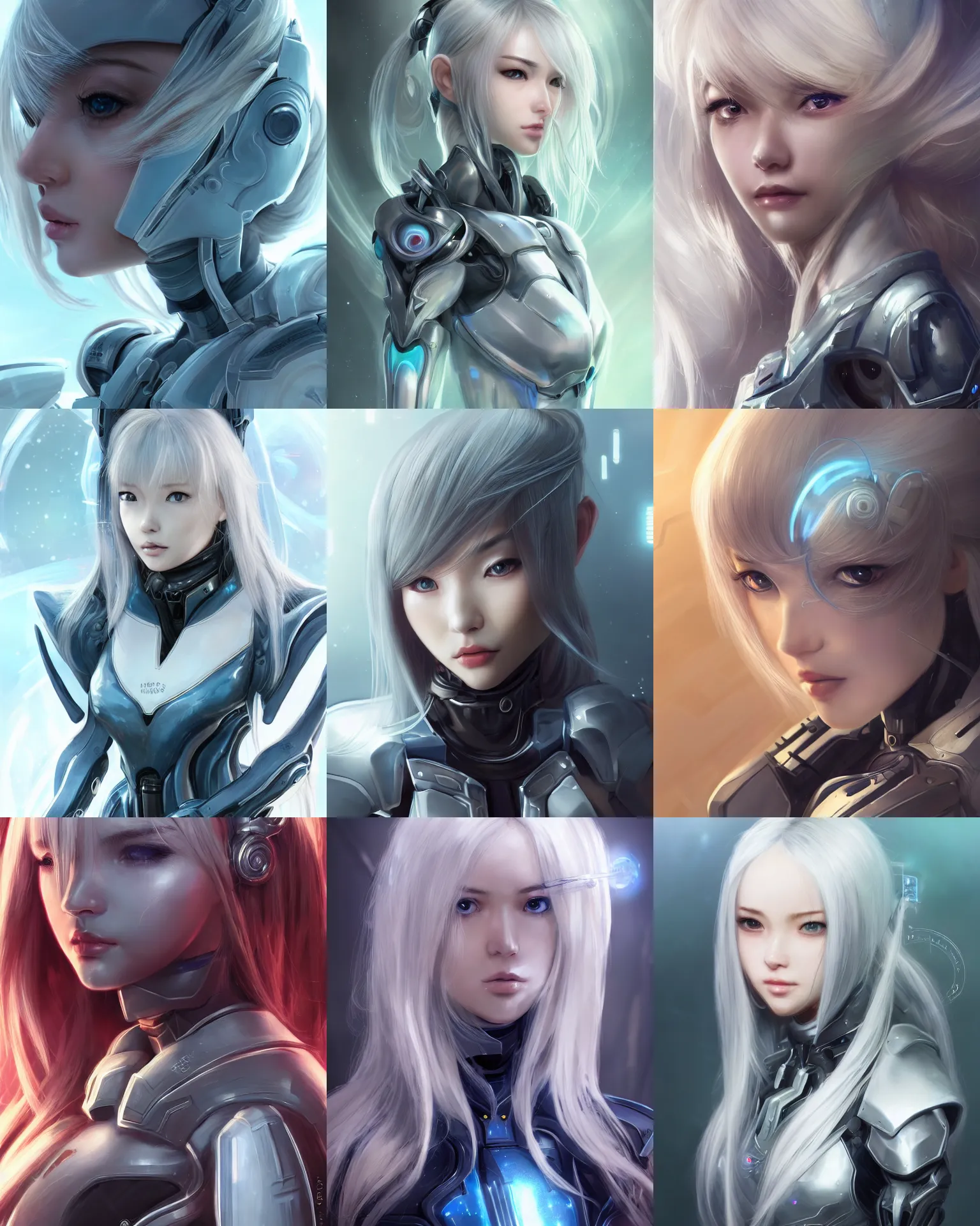 Prompt: detailed portrait of perfect android girl, warframe armor, beautiful face, scifi, futuristic, paradise, laboratory, song hye - kyo, dreamy, long white hair, blue cyborg eyes, cinematic lighting, innocent, highly detailed, sharp focus, smooth, artstation, intricate, award winning, pure aura, divine, by akihiko yoshida