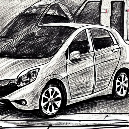 Prompt: compact honda car parked in a european city, ink manga drawing