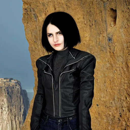 Image similar to 1 7 - year - old pale - skinned persian girl with black long bob cut, long hair, black gothic jacket, blue jeans, psychic girl, psychokinetic girl, standing on cliff along the irish coast, overcast gray skies, ultra - realistic, sharp details, subsurface scattering, intricate details, cold lighting, highly detailed, photorealistic, octane render, 8 k unreal engine