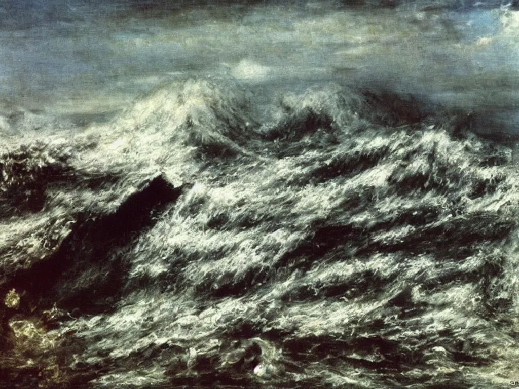 Prompt: Ocean flooding the brutalist metropolis. Wave. Painting by Arnold Bocklin, Yves Tanguy.