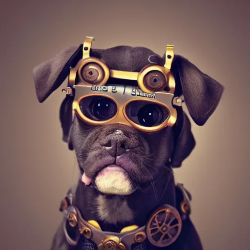 Prompt: a profile picture of a puppy with steampunk googles, by ROSS tran, 4k