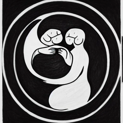 Image similar to a drawing of a pregnant woman giving birth to emerging yin - yang daoist symbol emerging from womb, black and white detailed pencil drawing dao