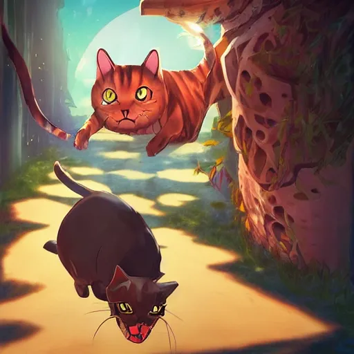 Image similar to deeply scared cat running away from the giant carnivorous sandwich, artstation hq, dark phantasy, stylized, symmetry, modeled lighting, detailed, expressive, true unsimulated emotions, created by hayao miyazaki