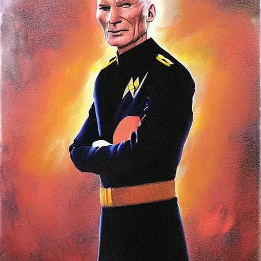 Prompt: captain picard from star trek the next generation the original series. realistic concept art painting,