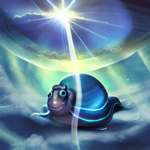 Image similar to a gian snail overlord being shinned by god rays covering the center surrounded by giant clouds surrounding the snail