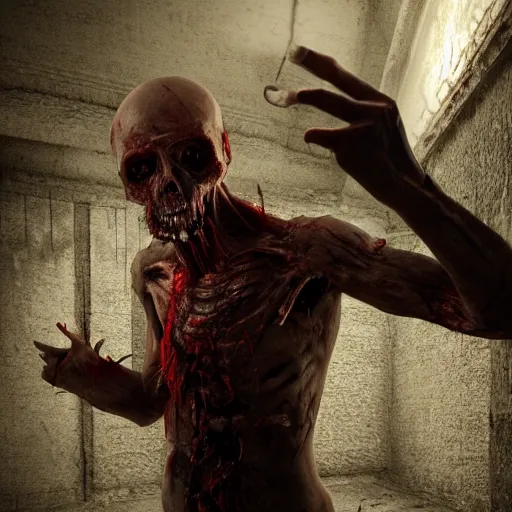 Image similar to full body, horrifying, killer, creepy, dead, deathly, pointing, bloody, detailed, 8 k, hyperrealistic, dramatic lighting, high resolution, cinematic