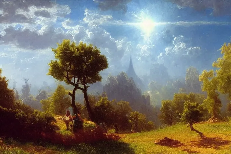Image similar to Very beautiful painting by Albert Bierstadt and City Hunter anime HD and Naïve Art HD and Toei animation backgrounds, a beautiful landscape of the french countryside with a big science fiction spherical factory on a hill, nice lighting, soft and clear shadows, low contrast, perfect