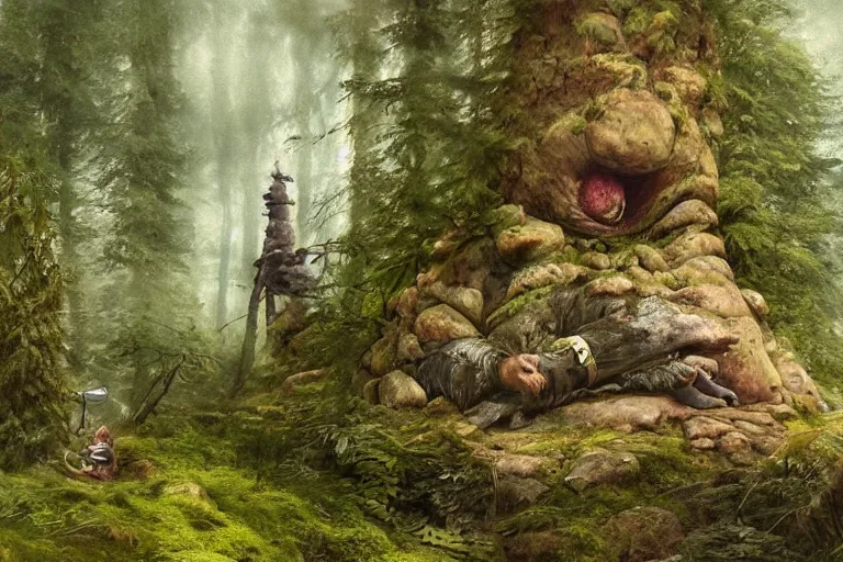 Prompt: huge troll in a swedish forest, very low angle photograph, very detailed, some rocks, trending on artstation, realistic, soft colors, illustration by john bauer, simon stålenhag