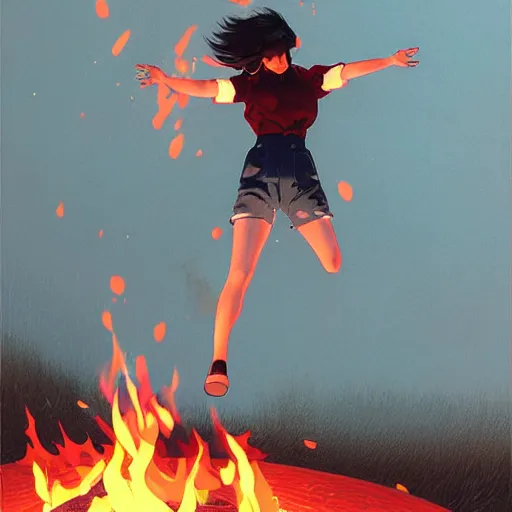 Image similar to a korean woman jumping over a campfire by ilya kuvshinov katsuhiro otomo