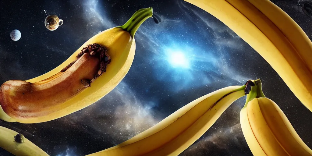 Prompt: giant banana falling through space and time, realistic 4 k octane beautifully detailed render, 4 k post - processing, highly detailed, intricate complexity, epic composition, magical atmosphere, cinematic lighting, masterpiece, ultra hd