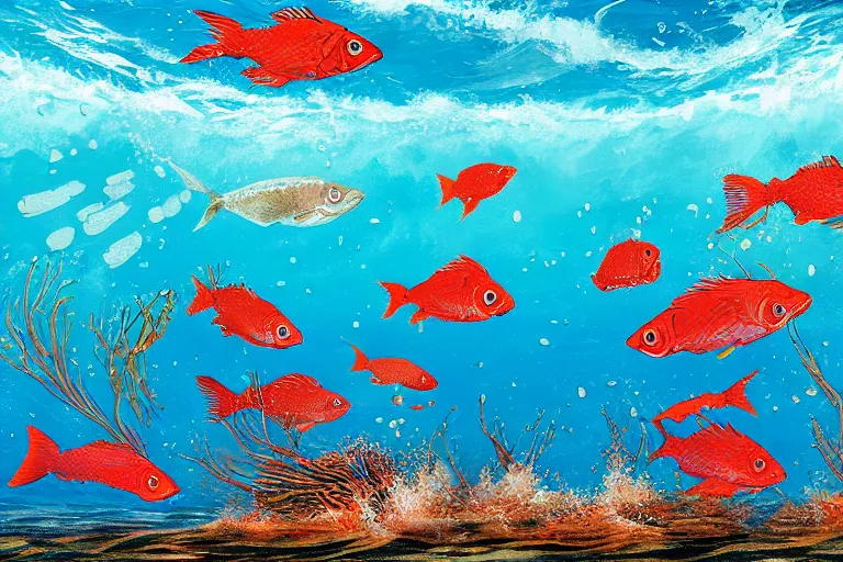 Prompt: An underwater painting of big Red Fish chasing shrimp in the Galveston Bay, inspired by Guy Harvey, Sport Fishermen Magazine, digital art, insanely detailed, hyper detailed photorealistic, ambient lighting, award winning, stunning