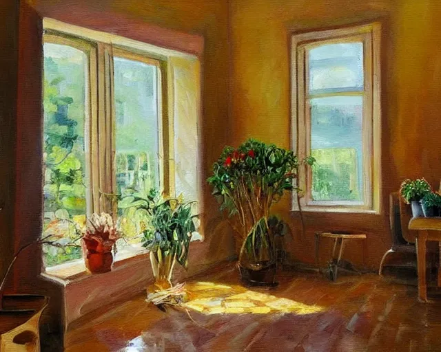 Prompt: A warm painting of a room interior, calm, relaxing, cosy, warm light, warm color scheme, houseplants, fresh flowers, oil on canvas