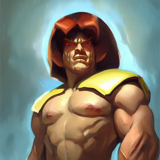 Image similar to greg manchess portrait painting of gorgeous he - man the master of the universe as overwatch character, medium shot, asymmetrical, profile picture, organic painting, sunny day, matte painting, bold shapes, hard edges, street art, trending on artstation, by huang guangjian, gil elvgren, ruan jia, greg rutkowski, gaston bussiere