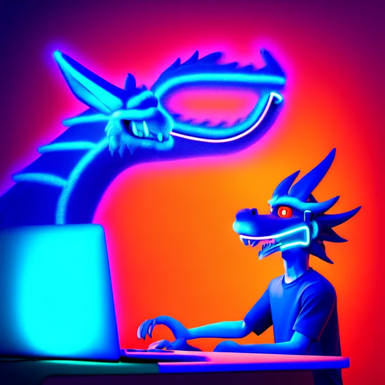 Image similar to an anthropomorphic male blue dragon fursona wearing an indigo t - shirt, headphones on his head, laptop, neon lights, furry, vivid saturation, 3 d render, octane render