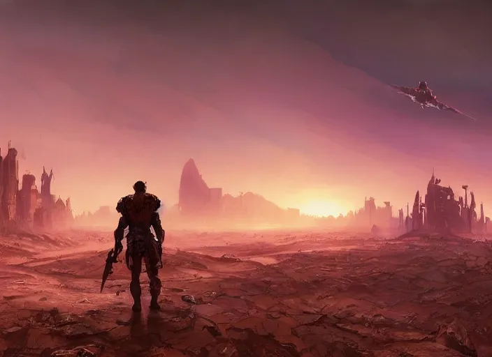 Image similar to detailed concept illustration, matte painting, strong muscular older soldier roaming through desert with city in the skyline, two suns, purple sky orange colors, ant aliens at the horizon, sharp focus, illustration, highly detailed, digital painting, concept art, matte, art by wlop and artgerm and greg rutkowski, masterpiece