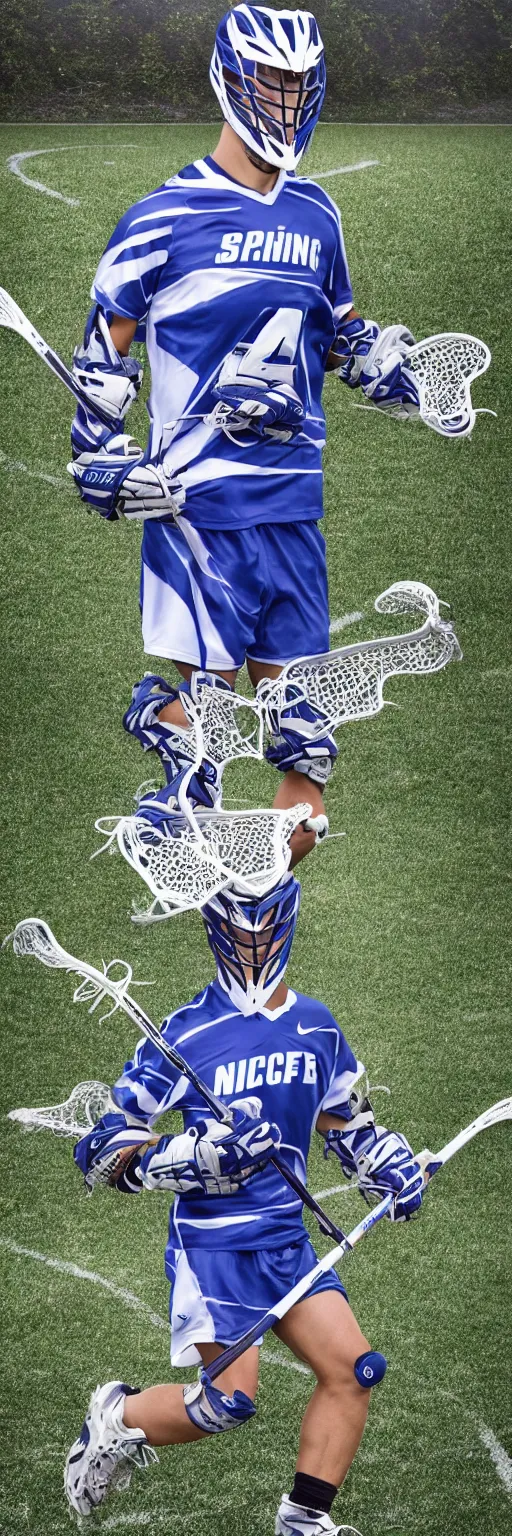 Image similar to lacrosse player, soccer field, cascade helmet, realistic, running, very detailed, 8k, high resolution, ultra realistic, no grain, symmetry, normal proportions, sports illustrated style, Cascade XRS Custom Lacrosse Helmet, brine lacrosse stick, Brine Lacrosse King V Gloves, normal feet, Nike Alpha Huarache 7 Elite, STX Surgeon 700 Lacrosse Arm Guards