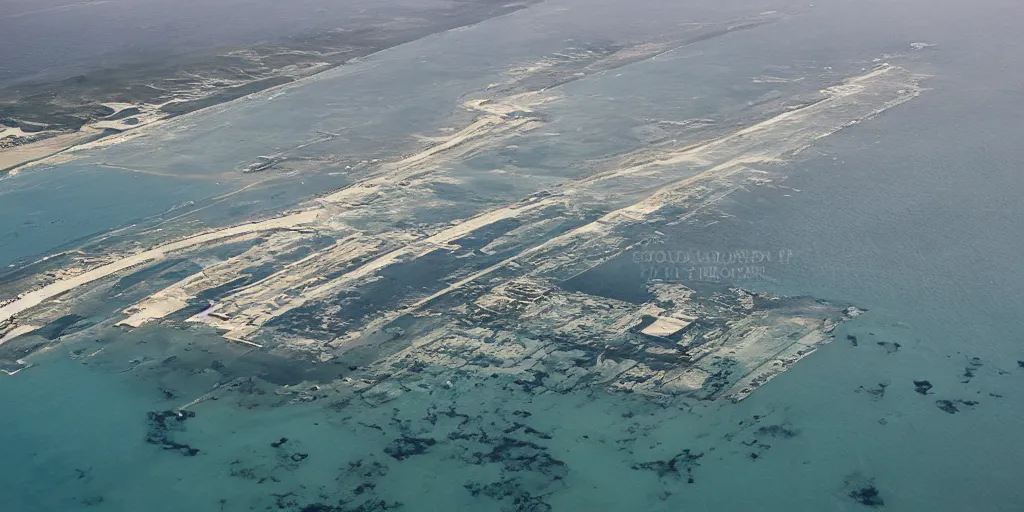 Prompt: aerial view of sunken airport at the bottom of the ocean. submerged airport. in the style of Caspar David Friedric.