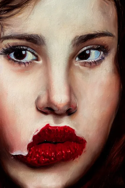 Prompt: hyperrealism oil painting extreme close-up portrait of young alcoholic woman with smeared lipstick, in style of classicism