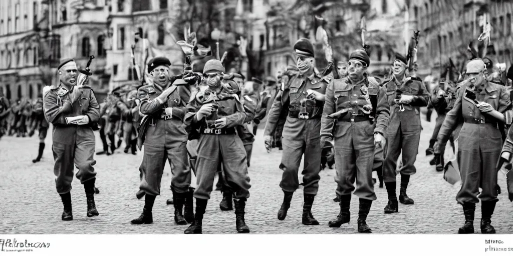 Image similar to german forces as minions from despicable me winning world war 2 and parading through berlin, hyper realistic, award winning photo, award winning, sharp focus, black and white