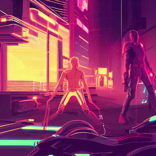 Image similar to jaime lannister and brienne of tarth fighting against a horde of neon zombies, cyberpunk art by james gilleard, cgsociety, retrofuturism, synthwave, retrowave, outrun