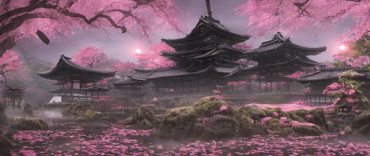 Image similar to gothic Japanese Shinto temple, surrounded by pink cherry blossom, huge animal skeleton in the middle,concept art, digital painting, matte painting, in the style of sekiro, Bloodborne, dark souls, demon souls, evening time, volumetric lighting, large scale, high detail, trending on art station, view from afar